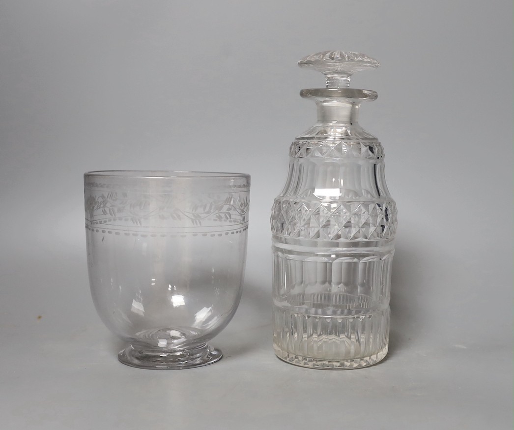 Two cut glass decanters, a regency pedestal bowl stand, 14cm high, and an etched glass sugar bowl